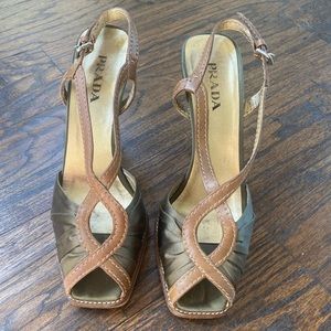 Prada Heel Olive Green Satin Brown Leather Strap Slingback Heels Peep Toe 38